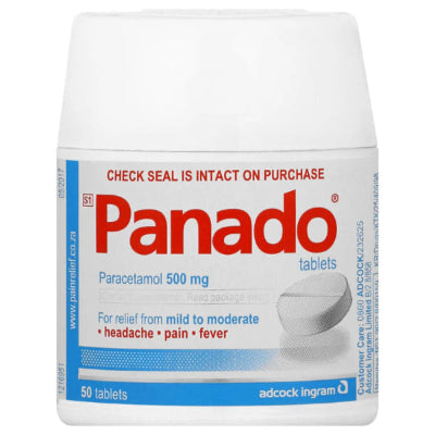Panado tablets packaging with red and blue design on a white background