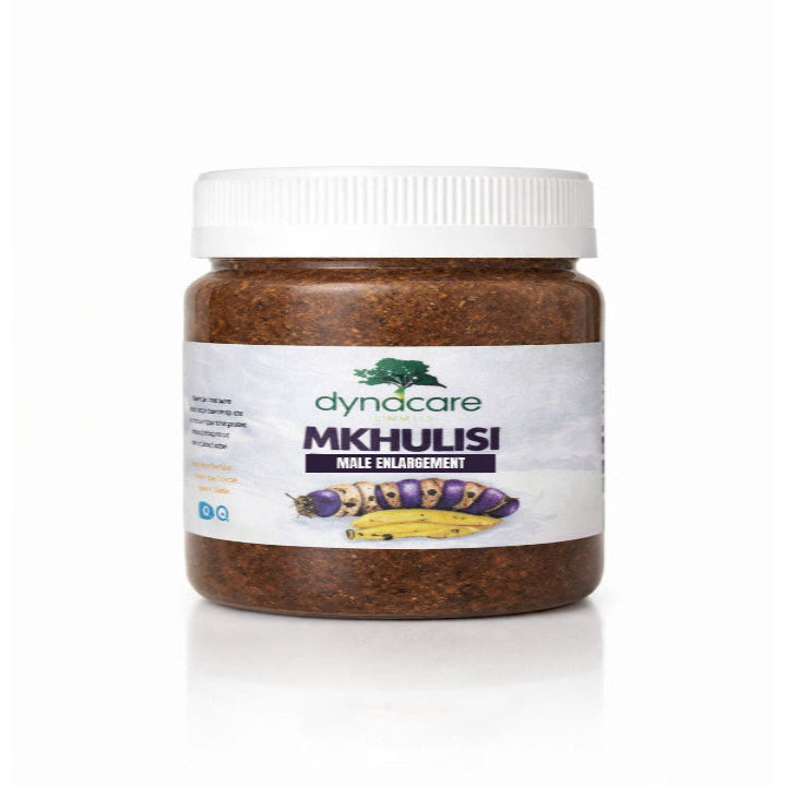 Jar of Dynacare Mkhulusi male enlargement supplement on a white background