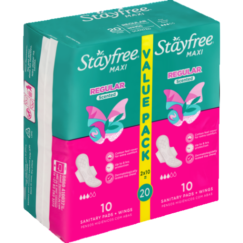 Stayfree maxi sanitary pads packaging with teal and pink design