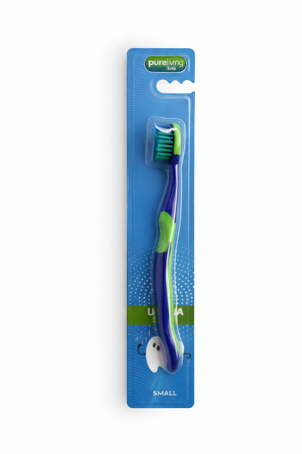 Blue and green toothbrush in packaging on a white background