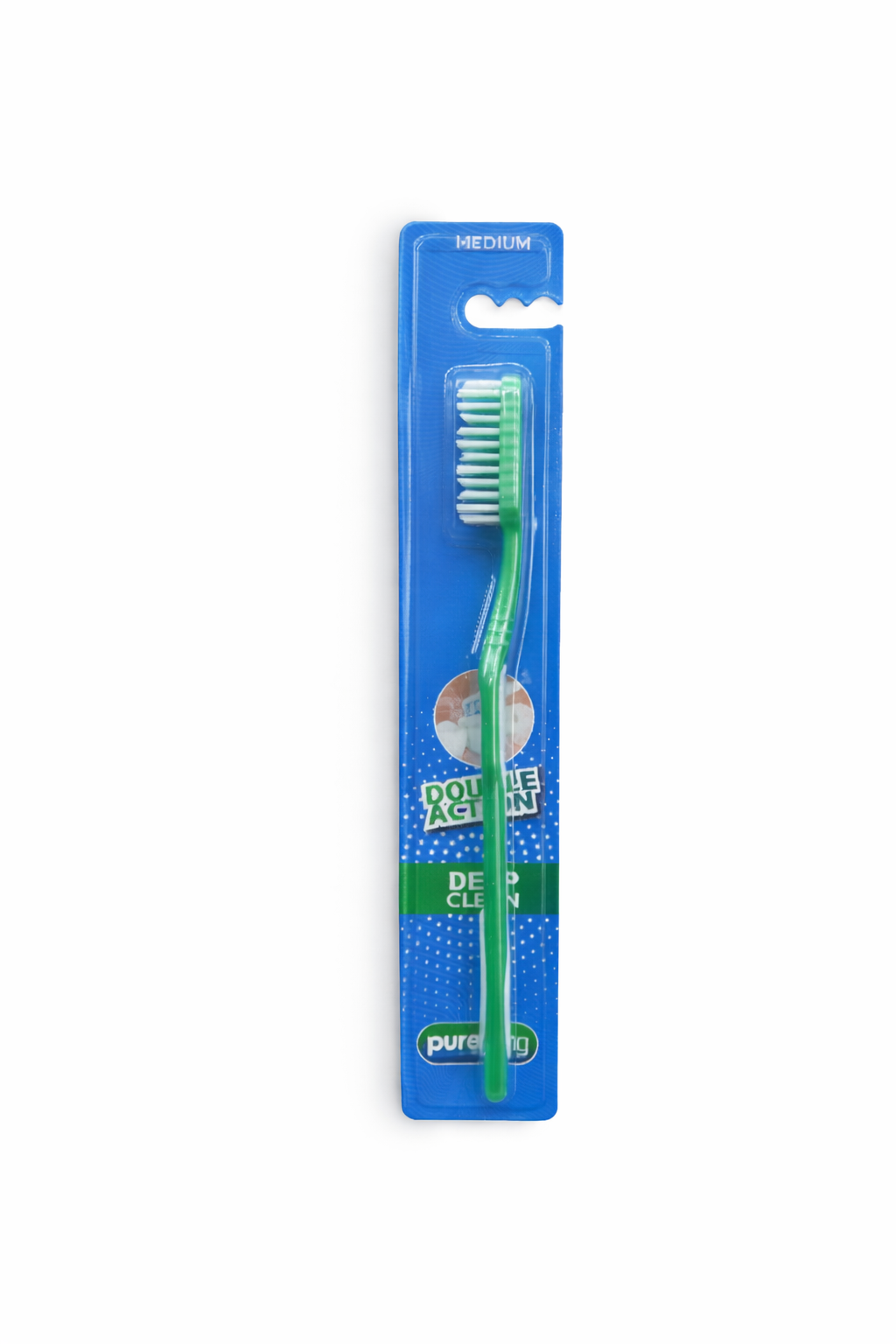 Green toothbrush in a blue packaging on a white background