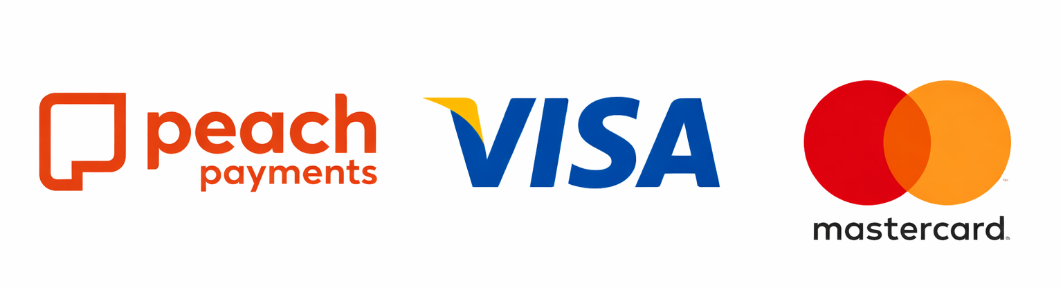 Logos of Peach Payments, Visa, and Mastercard on a white background