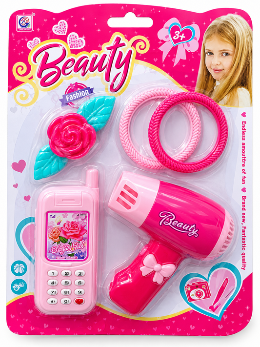 Beauty Pretend Play Set – Toy Hairdryer, Phone & Hair Accessories