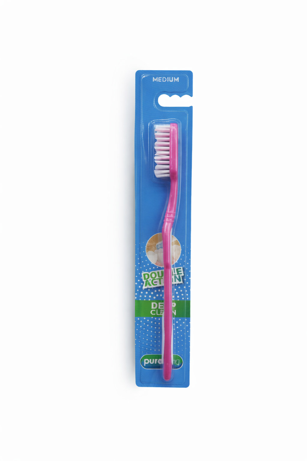 Pink toothbrush on a blue and green package with 'Pure Living' branding.