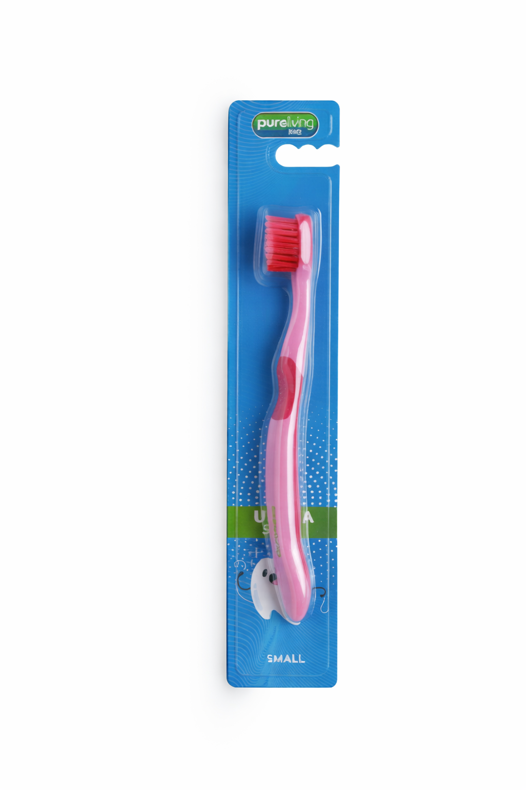 Pink toothbrush with red bristles on a blue package labeled 'Purely', against a white background.