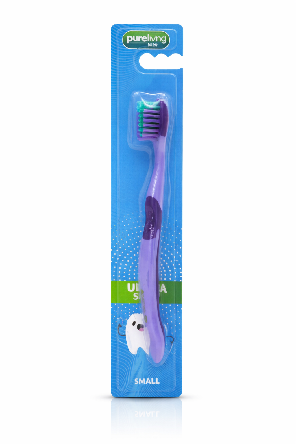Purple toothbrush in a blue packaging with 'pureliving' branding on a white background