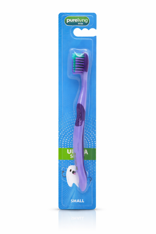 Purple toothbrush in a blue packaging with 'pureliving' branding on a white background