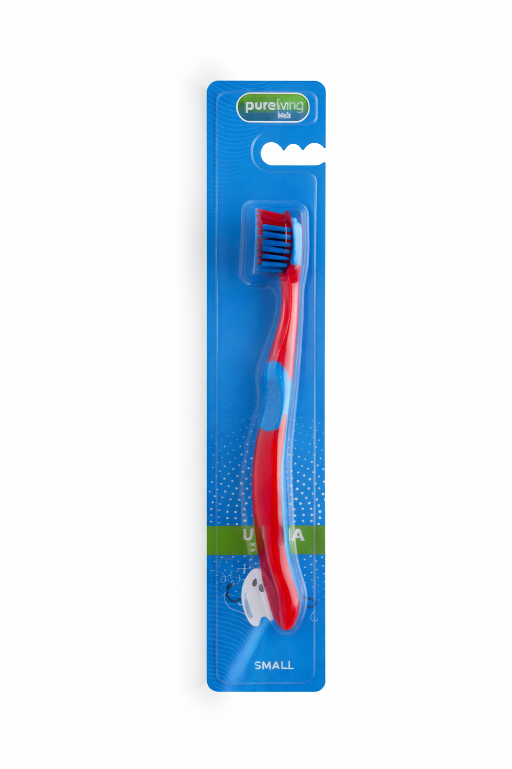 Red toothbrush with blue handle in its packaging on a white background