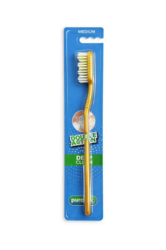 Yellow Toothbrush with packaging on a white background