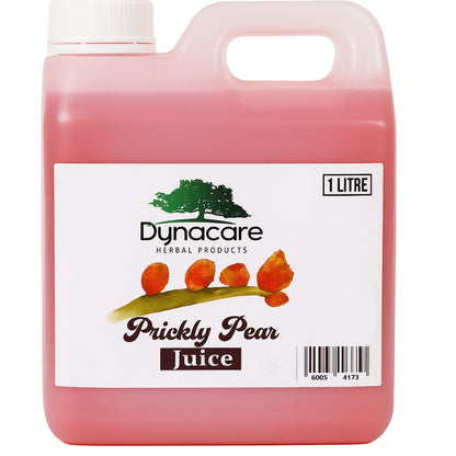 Pink bottle of Dynacare Prickly Pear Juice with a white label on a white background