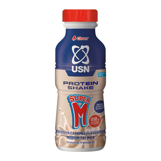 USN Super M Protein Shake Vanilla Caramel flavoured medium fat milk 300ml bottle with 22g protein and zero added sucrose.