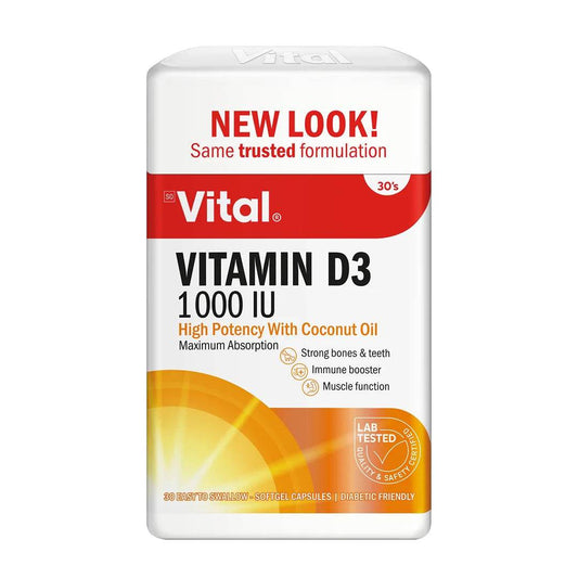 Vital Vitamin D3 1000IU with Coconut Oil Tablets, 30's -Vaids PharmacyVital Vitamin D3 1000IU with Coconut Oil Tablets, 30
